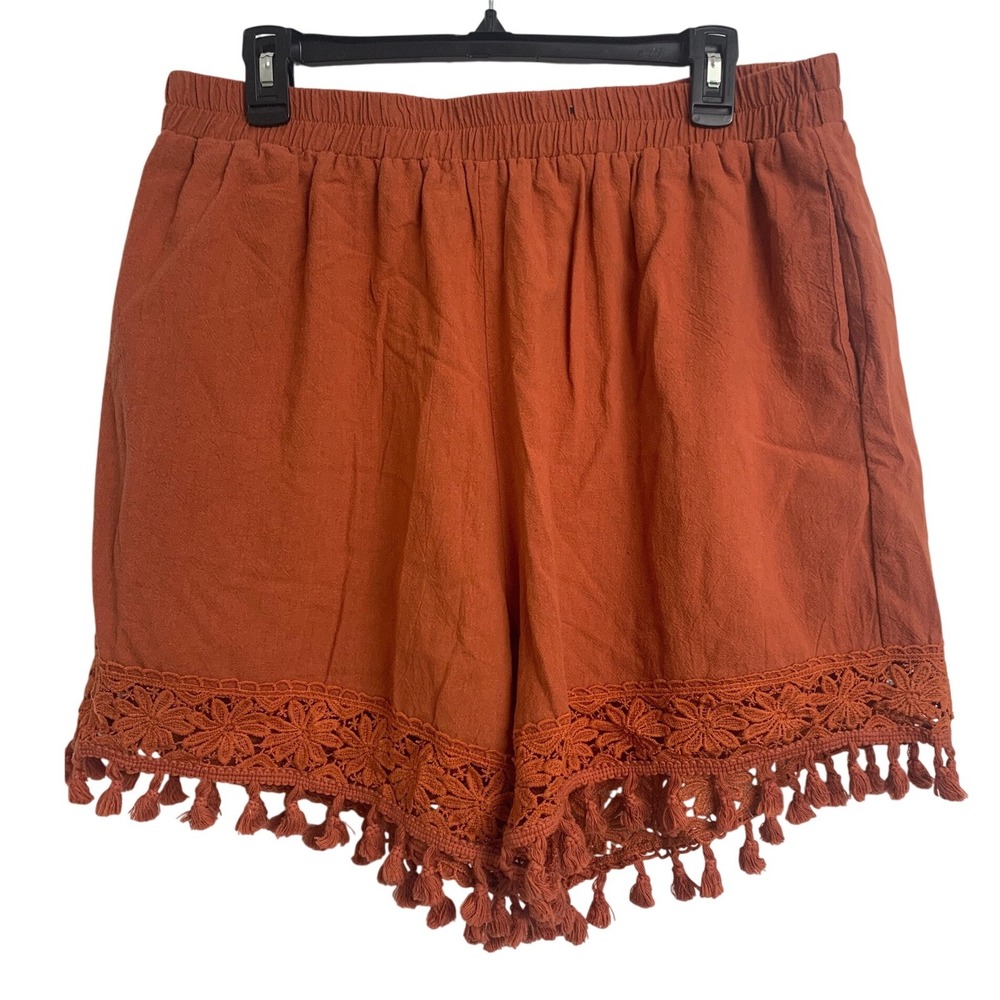 Bloomchic Boho Gauzy Cotton Tassel Crochet Lace Shorts Terracotta Orange 14-16